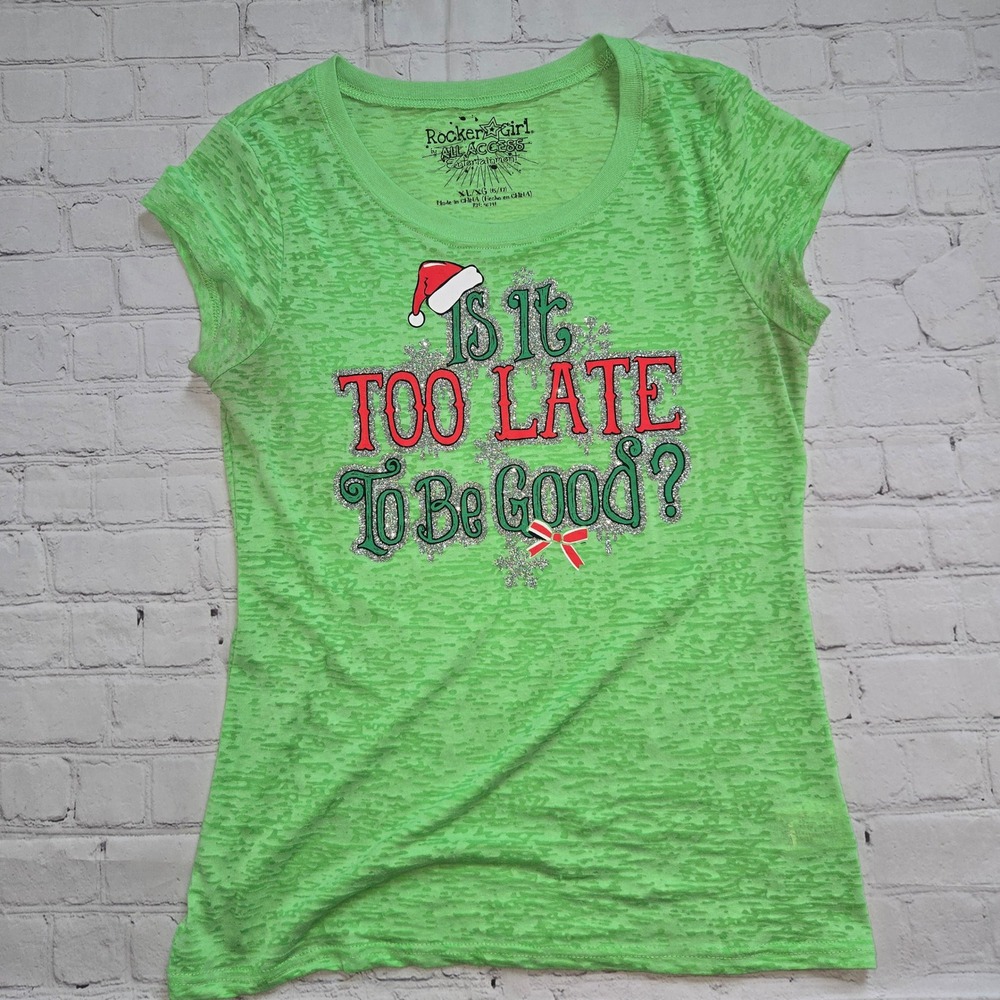 Rocker Girl Neon Green Burnout Baby Tee Y2K Christmas Shirt XL McBling mall goth